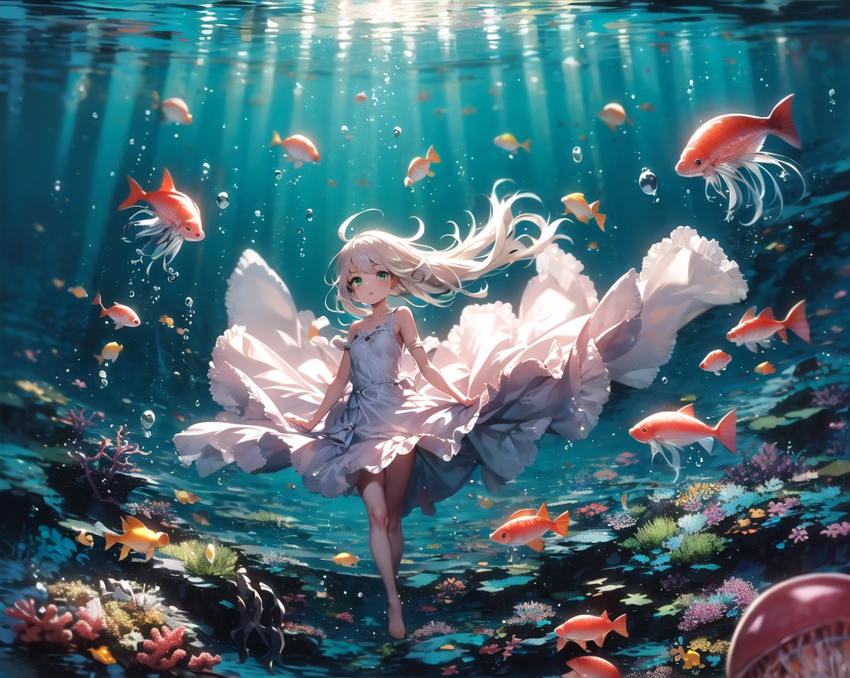 masterpiece, best quality, 1girl, solo, white hair, green eyes, long hair, jellyfish, underwater, dress, fish, coral,